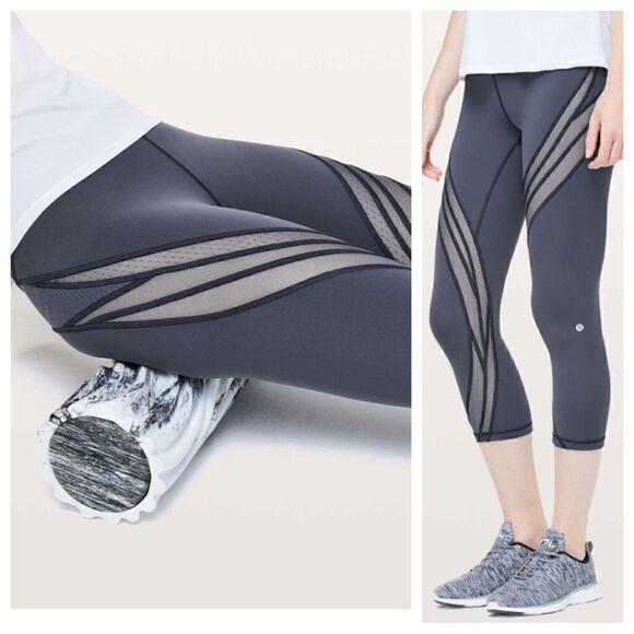 LULULEMON Never Still Crop Leggings Womens Size 4 Run Blue Pockets Mesh - Picture 2 of 11